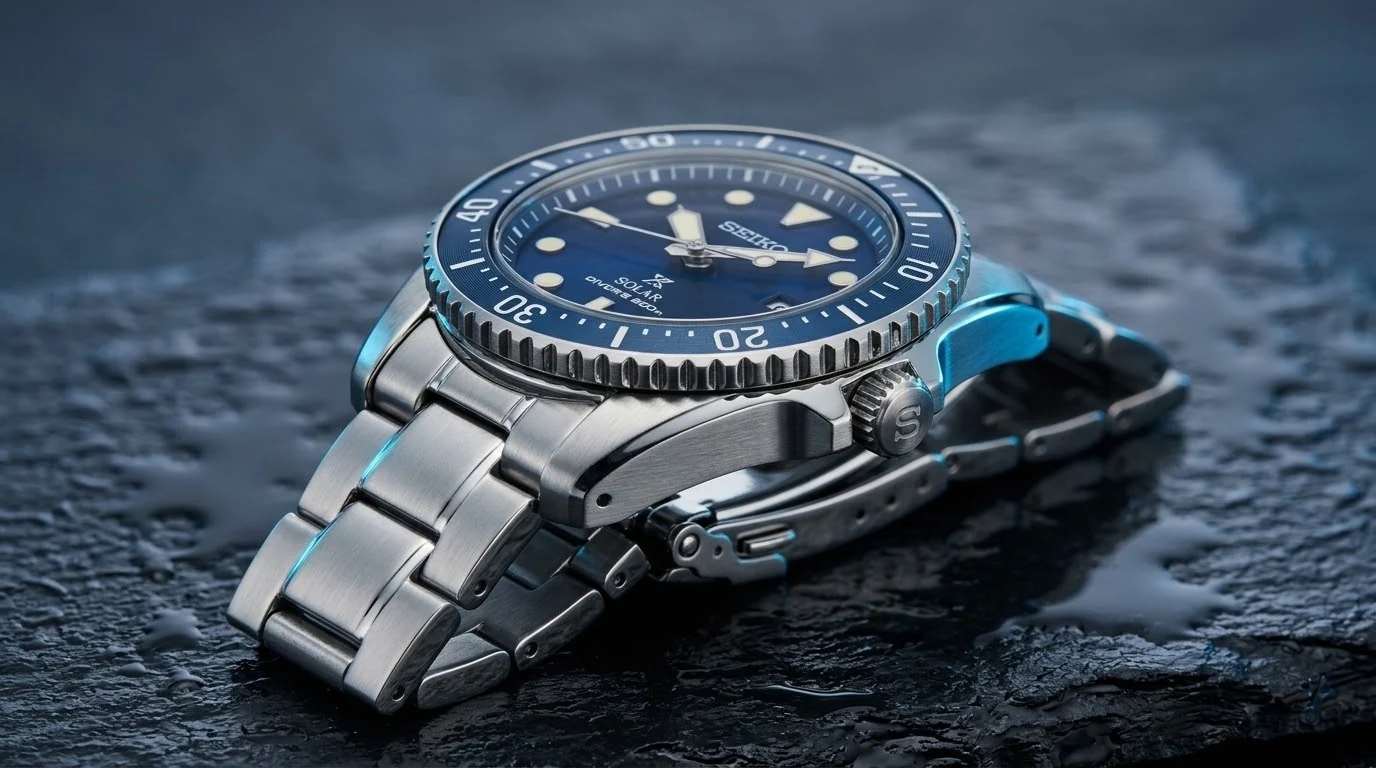 Illustrative render — blue on blue of the Seiko Prospex Solar Diver SNE585