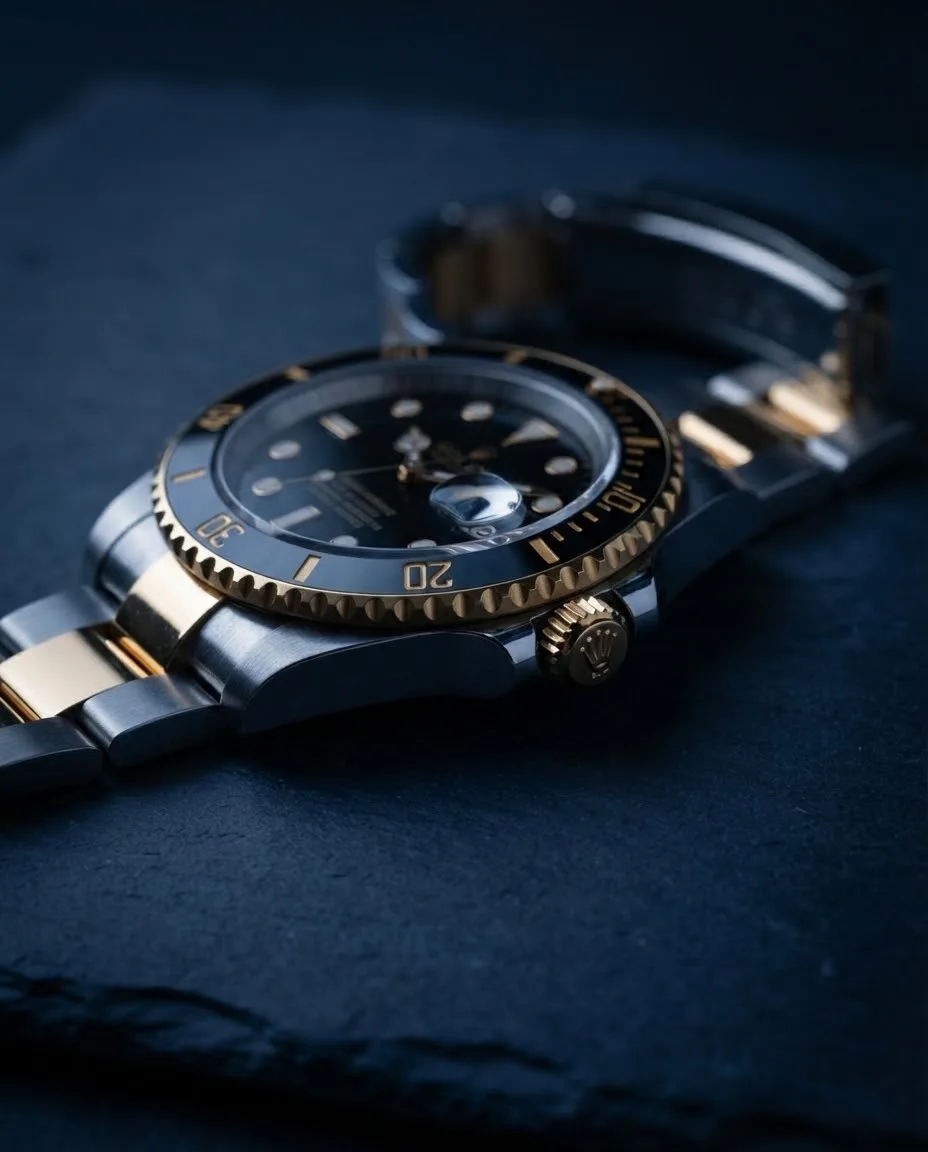 Illustrative render — reading the listing of the Rolex Submariner Date 16803 (steel and 18k yellow gold, black dial, black bezel)