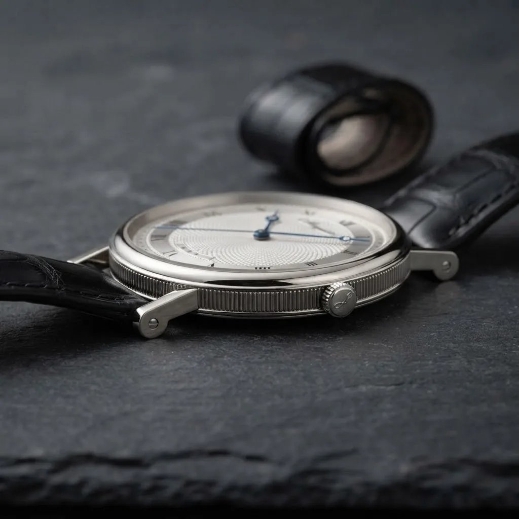 Illustrative render — reading the listing of the Breguet Classique Ultra Slim 5157BB/11/9V6 (18k white gold, silvered guilloche dial, black alligator strap)