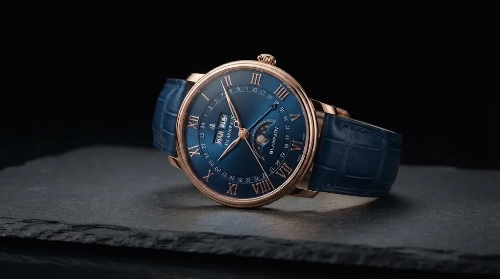 Illustrative render — red gold, blue dial of the Blancpain Villeret Quantième Complet (18k red gold, blue dial)