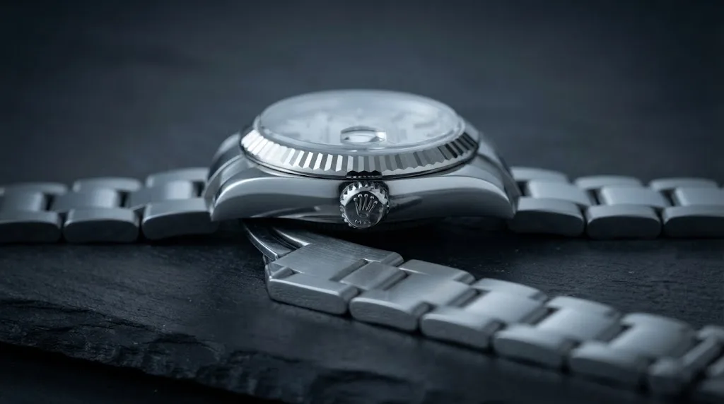 Illustrative render — reading the listing of the Rolex Lady-Datejust 26 (steel, white gold fluted bezel, silver dial, Oyster bracelet, graded Good, no accessories, pre-owned)