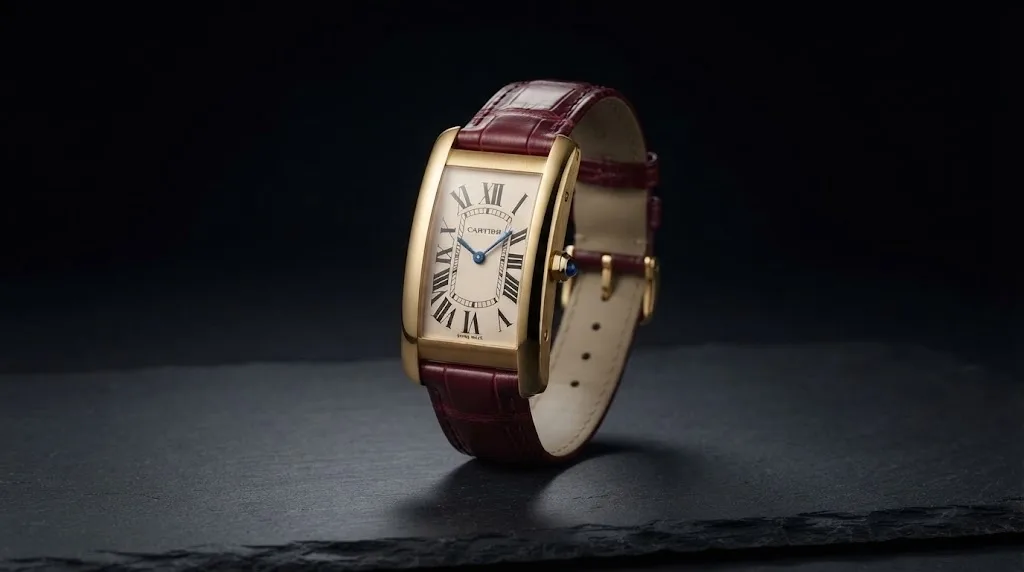 Illustrative render — reading the listing of the Cartier Tank Américaine small model (18k yellow gold)
