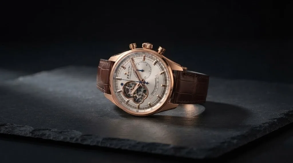 Illustrative render — gold, silver dial, blue hands of the Zenith Chronomaster El Primero Open Power Reserve (18k rose gold)