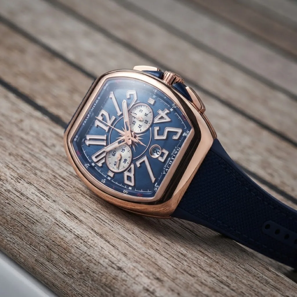 Illustrative render — reading the listing of the Franck Muller Vanguard Yachting V 45 CC DT chronograph (18k rose gold, blue compass dial, blue rubber strap)