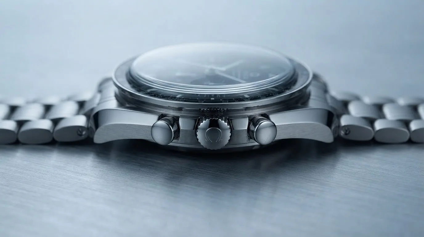 Illustrative render — reading the listing of the Omega Speedmaster Moonwatch Professional 42mm 311.30.42.30.01.005 (calibre 1861, hesalite, steel bracelet)