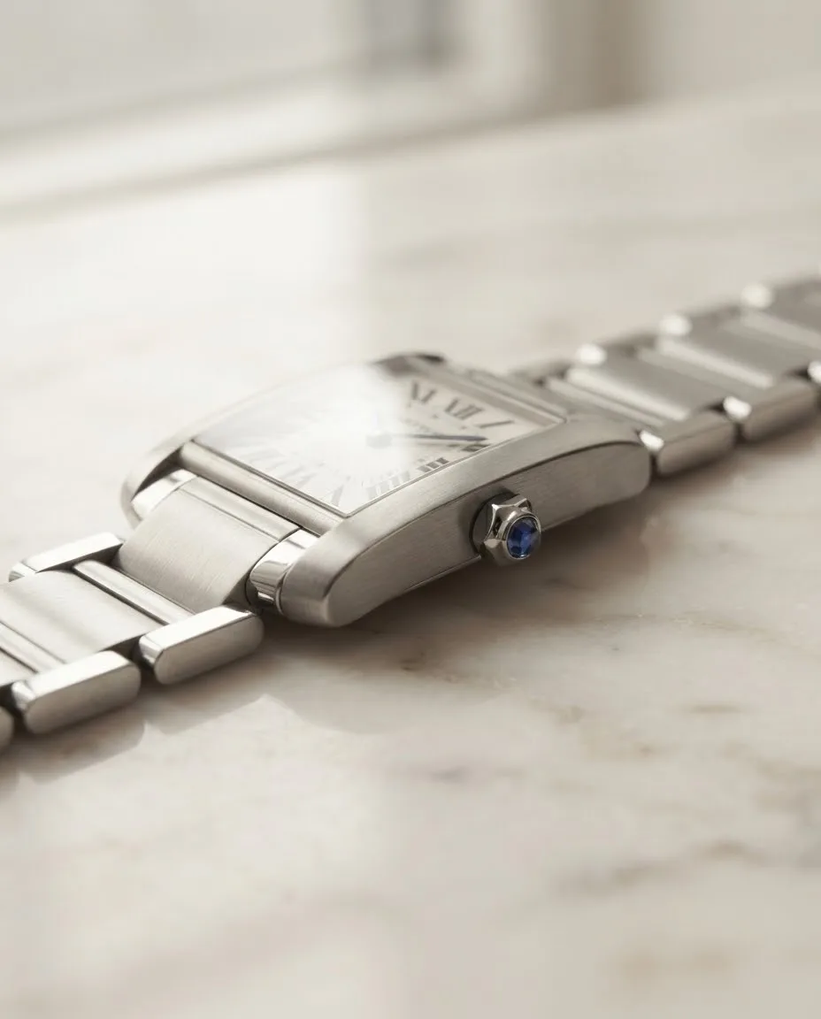 Illustrative render — reading the listing of the Cartier Tank Francaise small quartz (steel, silver dial, steel bracelet)