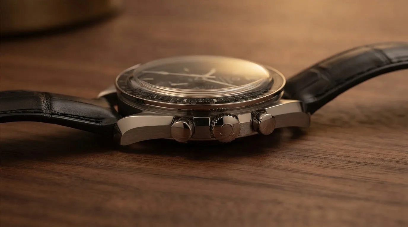 Illustrative render — reading the listing of the Omega Speedmaster Moonwatch Professional 42mm 311.33.42.30.01.001 (calibre 1861, hesalite, black leather strap)