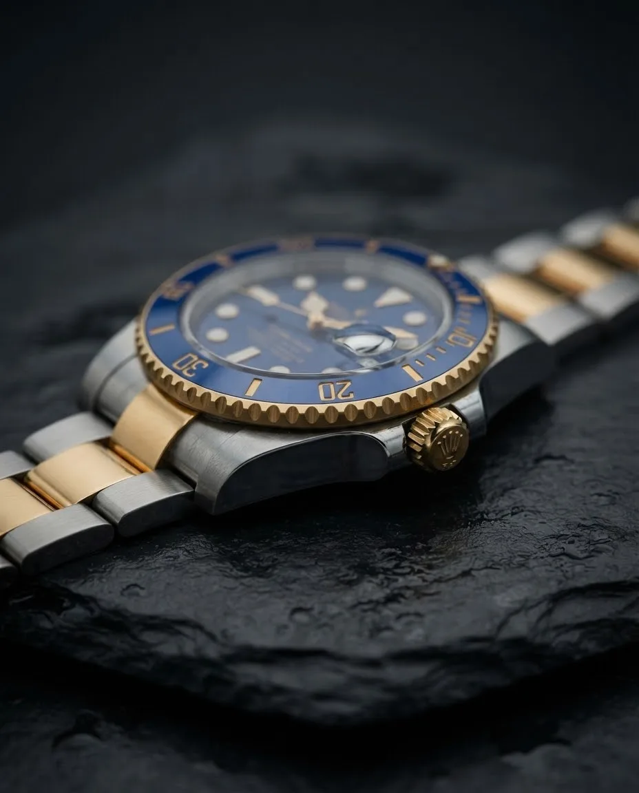 Illustrative render — reading the listing of the Rolex Submariner Date 116613LB (steel and yellow gold, blue dial)