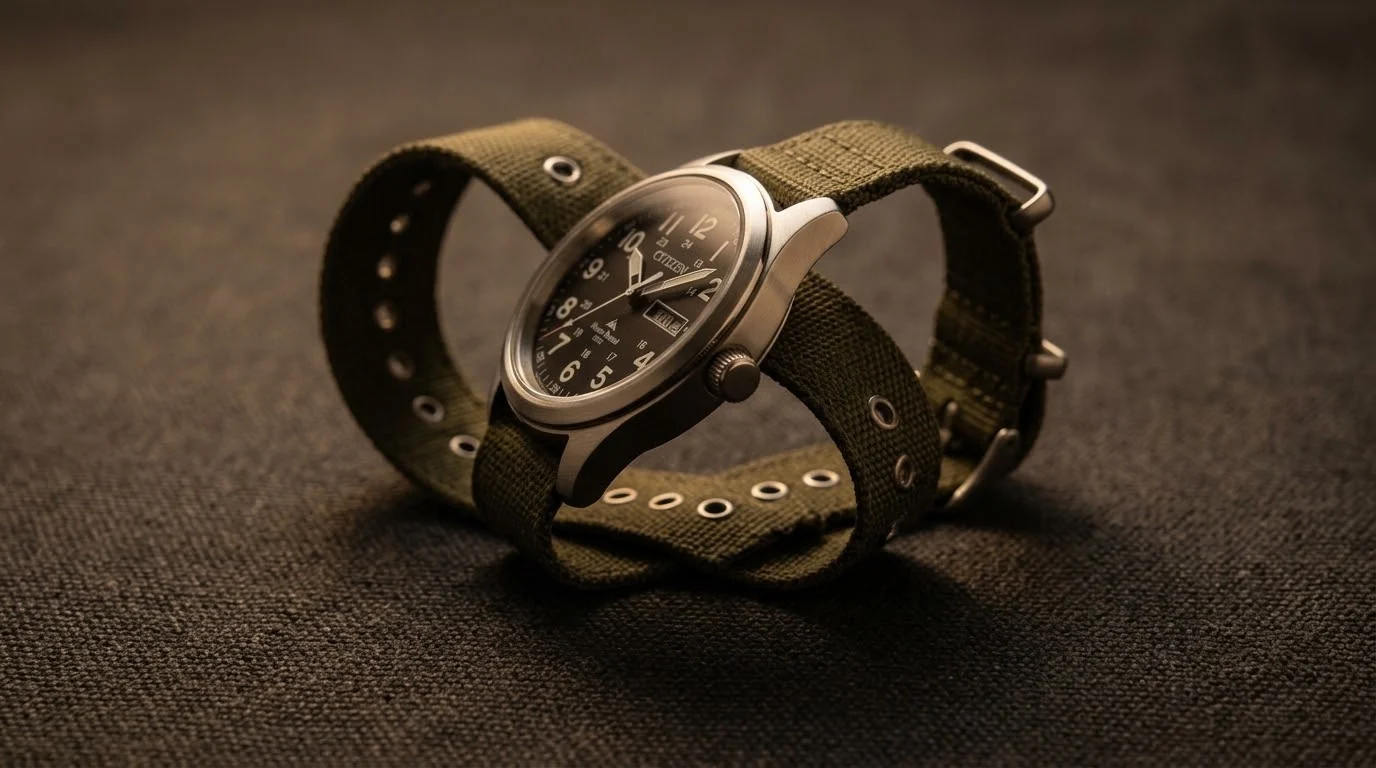 Illustrative render — calibre e101 of the Citizen Eco-Drive Weekender Garrison