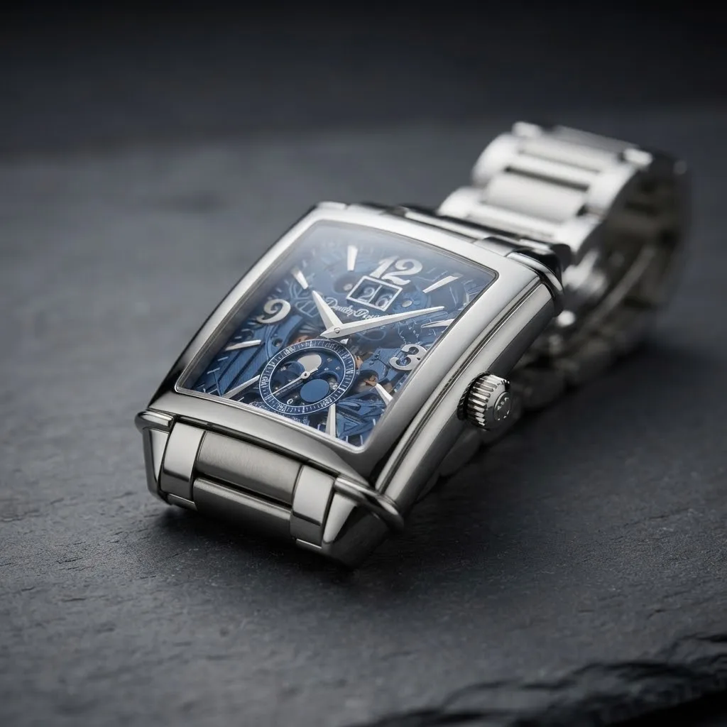 Illustrative render — reading the listing of the Girard-Perregaux Vintage 1945 XXL Large Date Moon Phases skeleton 25882-11-421 (steel, blue openworked dial, bracelet)