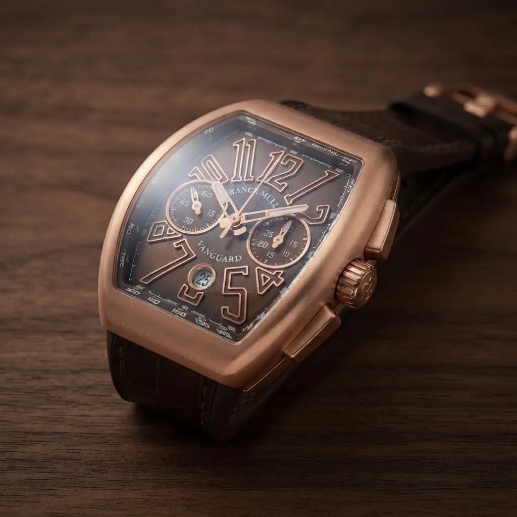 Illustrative render — reading the listing of the Franck Muller Vanguard V 45 CC DT chronograph (18k rose gold, brown dial, brown alligator strap)