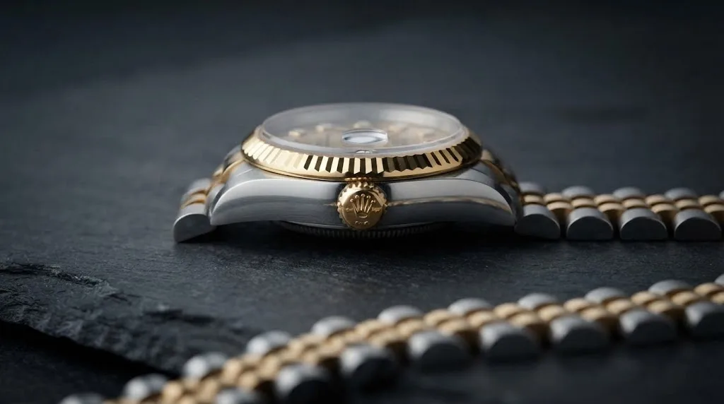 Illustrative render — reading the listing of the Rolex Lady-Datejust 26 (steel and 18k yellow gold, champagne diamond dial, fluted bezel, Jubilee bracelet, box and dated card, pre-owned)