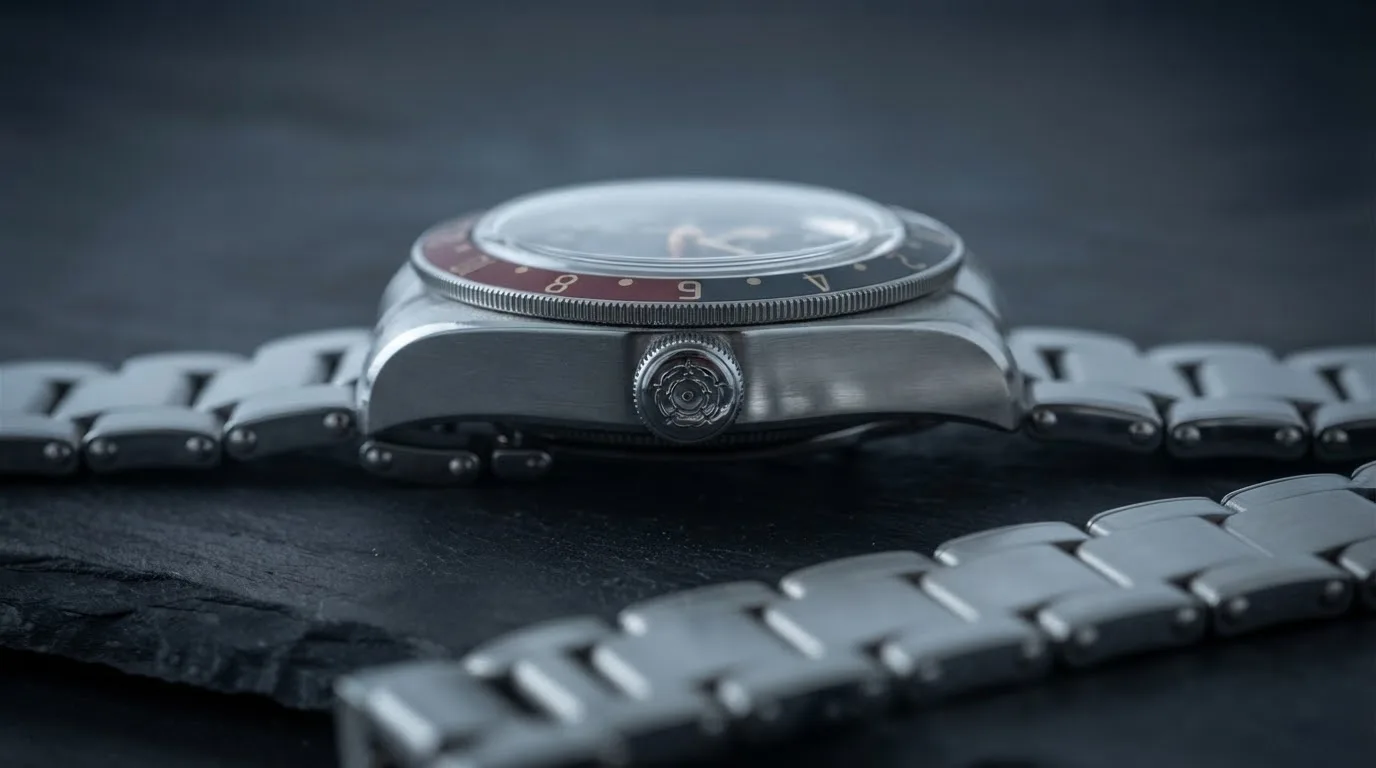 Illustrative render — reading the listing of the Tudor Black Bay 58 GMT 39mm M7939G1A0NRU-0001 (steel, black and burgundy 24-hour bezel, black gilt dial, rivet-style steel bracelet)