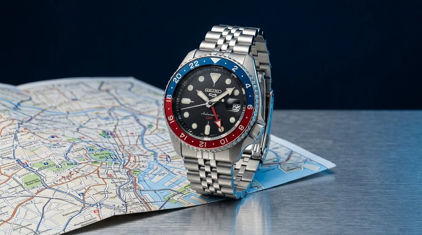 Illustrative render — the pepsi bezel of the Seiko 5 Sports GMT SSK001