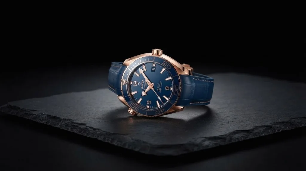 Illustrative render — sedna gold of the Omega Seamaster Planet Ocean 600M 43.5mm (Sedna gold, blue ceramic)