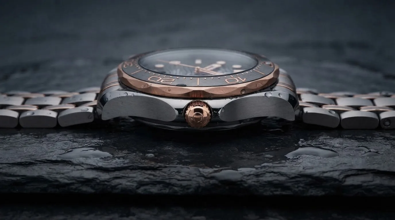 Illustrative render — reading the listing of the Omega Seamaster Diver 300M Co-Axial Master Chronometer 42mm 210.60.42.20.99.001 (titanium, tantalum and Sedna gold, limited to 2,500)