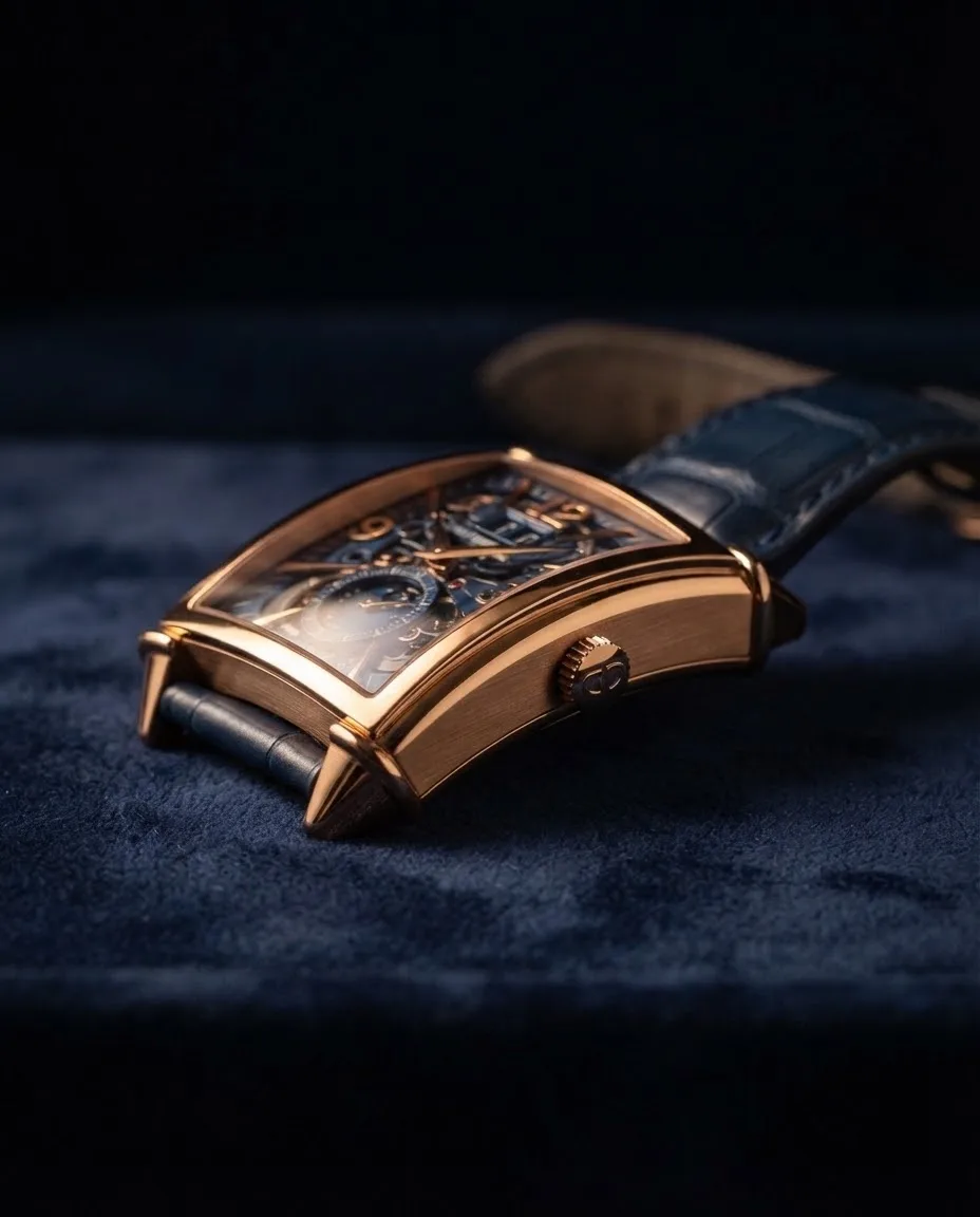 Illustrative render — reading the listing of the Girard-Perregaux Vintage 1945 XXL Large Date Moon Phases (rose gold, blue skeleton dial)