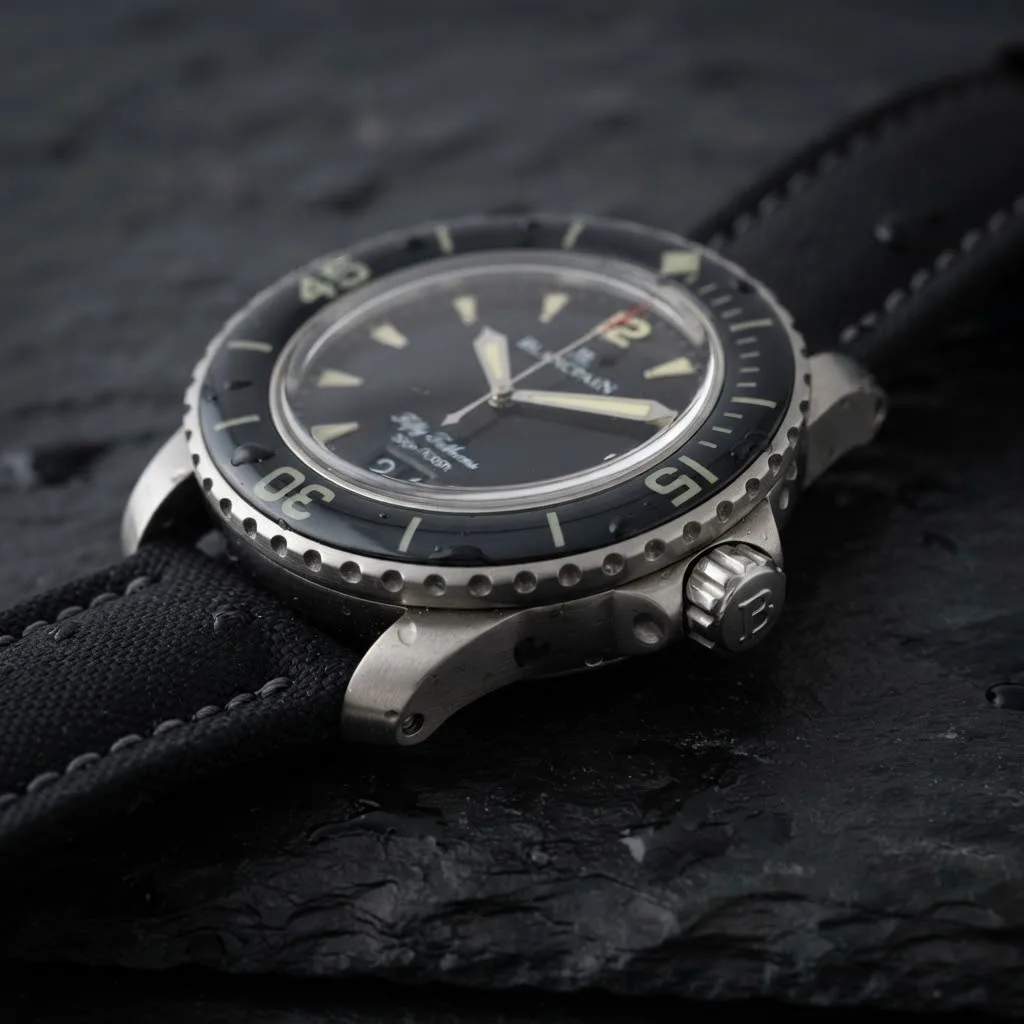 Illustrative render — reading the listing of the Blancpain Fifty Fathoms Grande Date 5050-12B30-B52A (steel, black dial, sail-canvas strap)