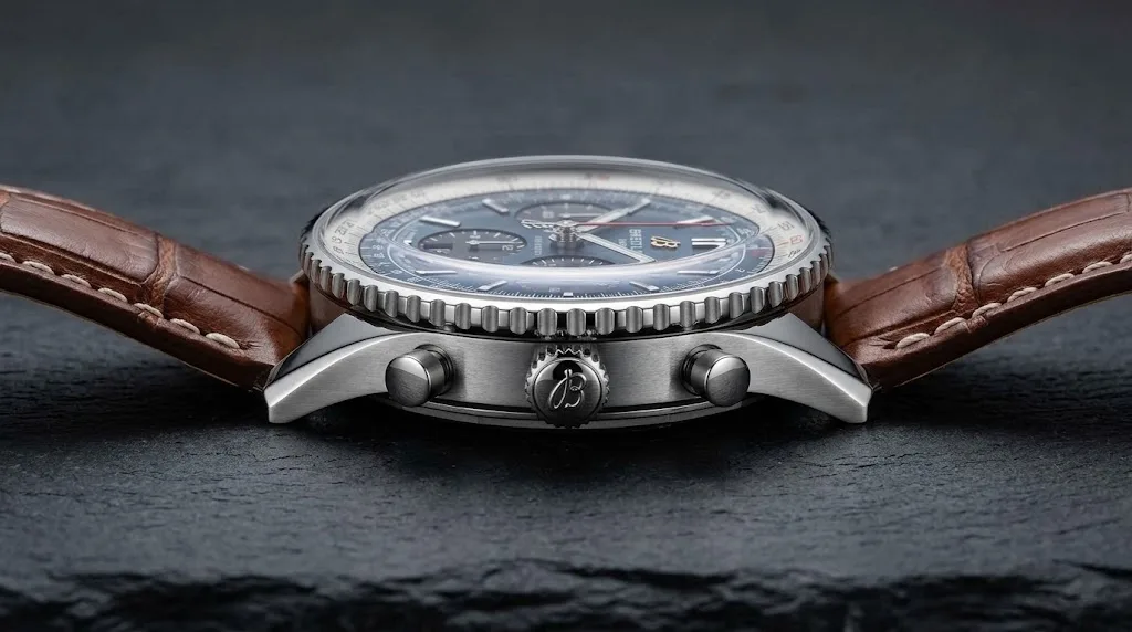 Illustrative render — reading the listing of the Breitling Navitimer B01 Chronograph 43 AB0121211C1P2 (steel, blue dial, brown alligator strap)