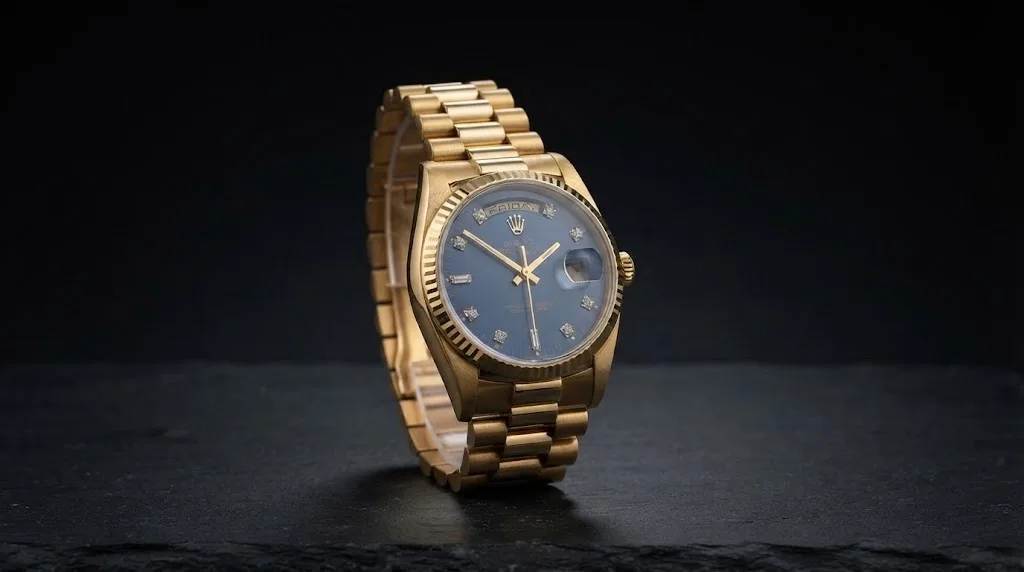 Illustrative render — reading the listing of the Rolex Day-Date 18238 (18k yellow gold, blue diamond dial)
