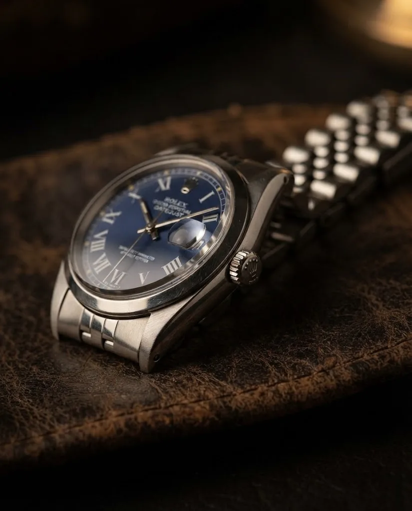 Illustrative render — the 1600, and reading the listing of the Rolex Datejust 1600 (steel, smooth bezel, blue Buckley dial, about 1971, box)