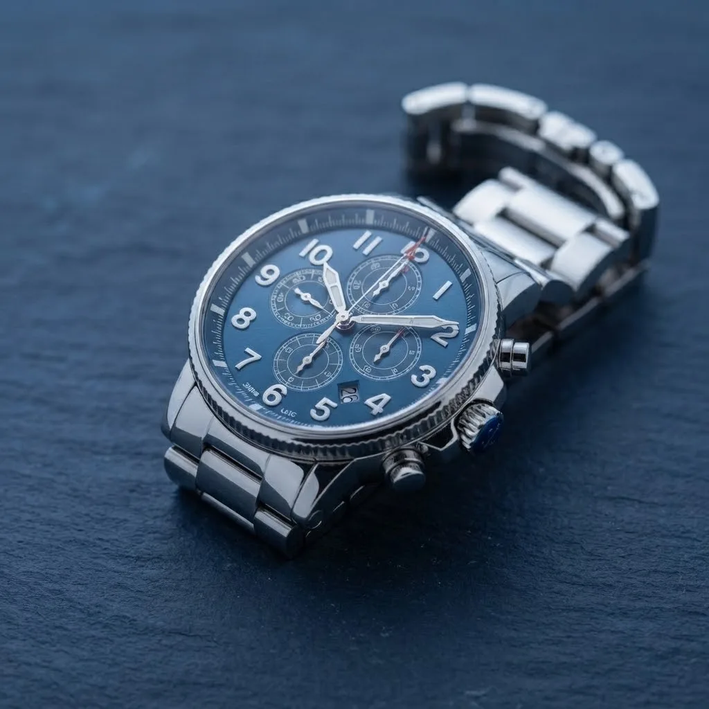 Illustrative render — reading the listing of the Ulysse Nardin Marine Chronograph Manufacture 1503-150-7M/63 (steel, blue dial, bracelet)