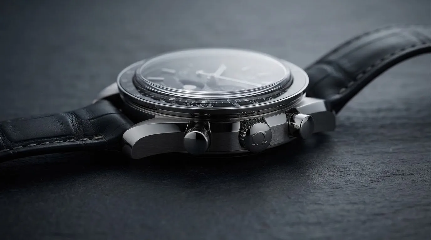 Illustrative render — reading the listing of the Omega Speedmaster Moonphase Co-Axial Master Chronometer Chronograph 44.25mm 304.33.44.52.01.001 (steel, black dial, black alligator strap)