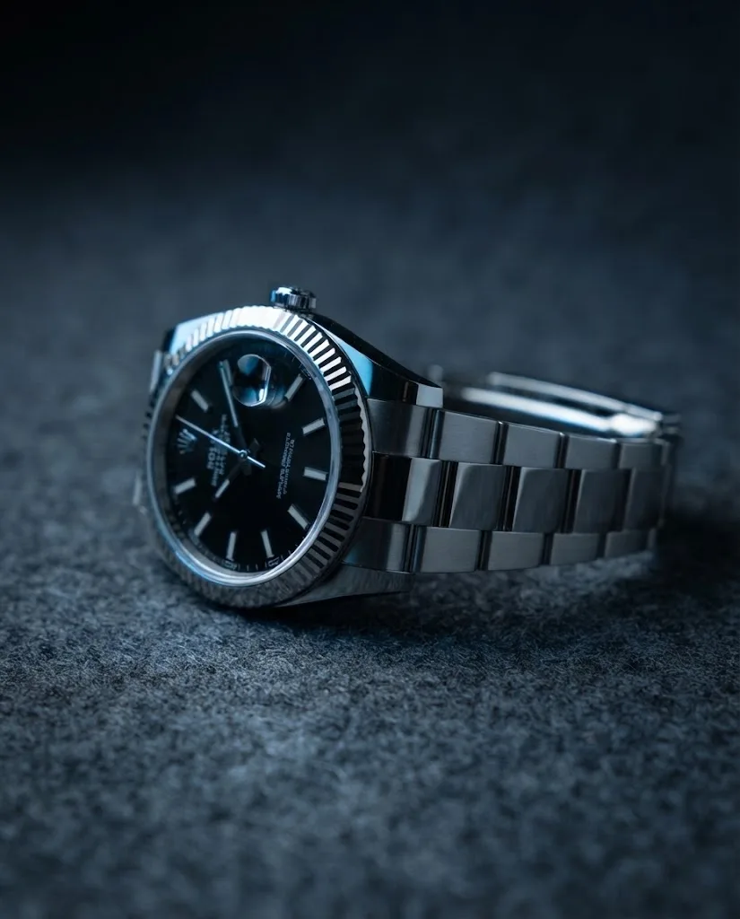 Illustrative render — reading the listing of the Rolex Datejust 41 (steel, white gold fluted bezel, black dial, box and card)