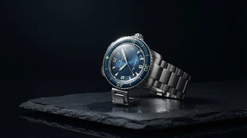 Illustrative render — titanium and blue of the Blancpain Fifty Fathoms 45mm (titanium, blue dial)