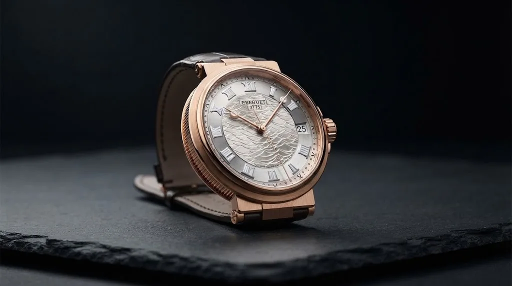Illustrative render — strap or bracelet of the Breguet Marine 5517 (18k rose gold, wave dial)