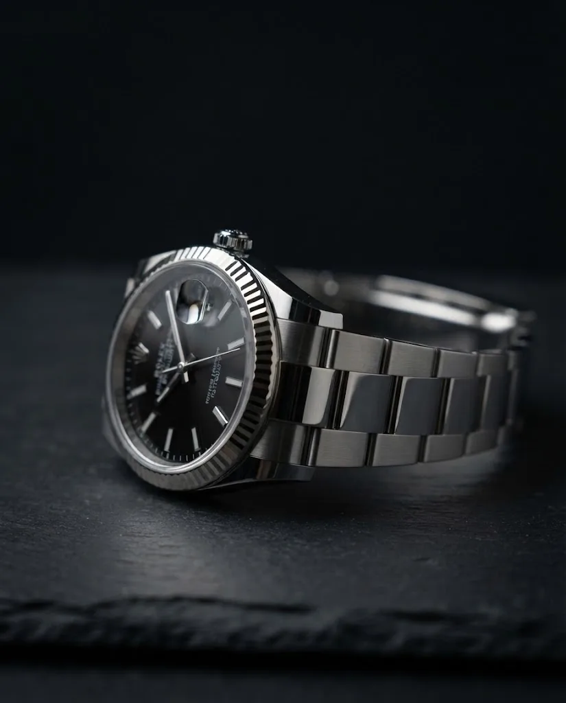 Illustrative render — reading the listing of the Rolex Datejust 36 126234 (steel, white gold fluted bezel, black dial)