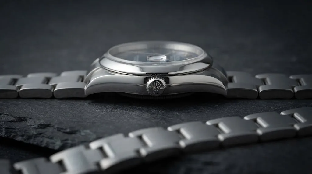 Illustrative render — reading the listing of the Rolex Datejust 36 (steel, blue Roman dial, smooth bezel, Oyster bracelet, service record and box, pre-owned)