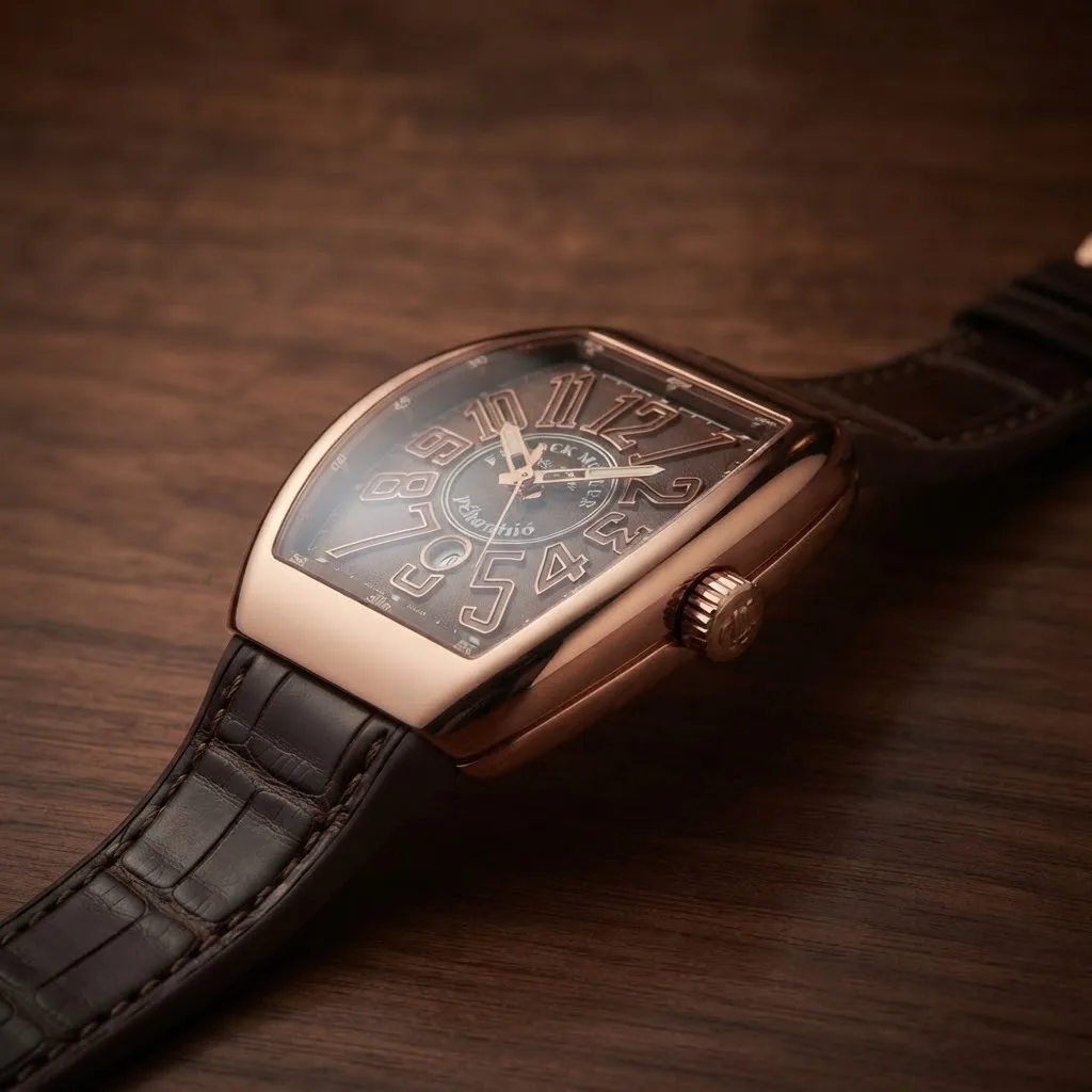 Illustrative render — reading the listing of the Franck Muller Vanguard V 45 SC DT (rose gold, brown compass dial, brown alligator strap)