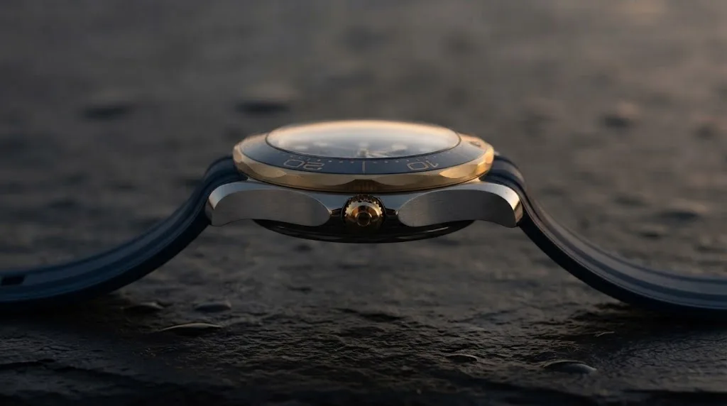 Illustrative render — reading the listing of the Omega Seamaster Diver 300M Co-Axial Master Chronometer 42mm 210.22.42.20.03.001 (steel and yellow gold, blue ceramic dial, blue rubber strap)
