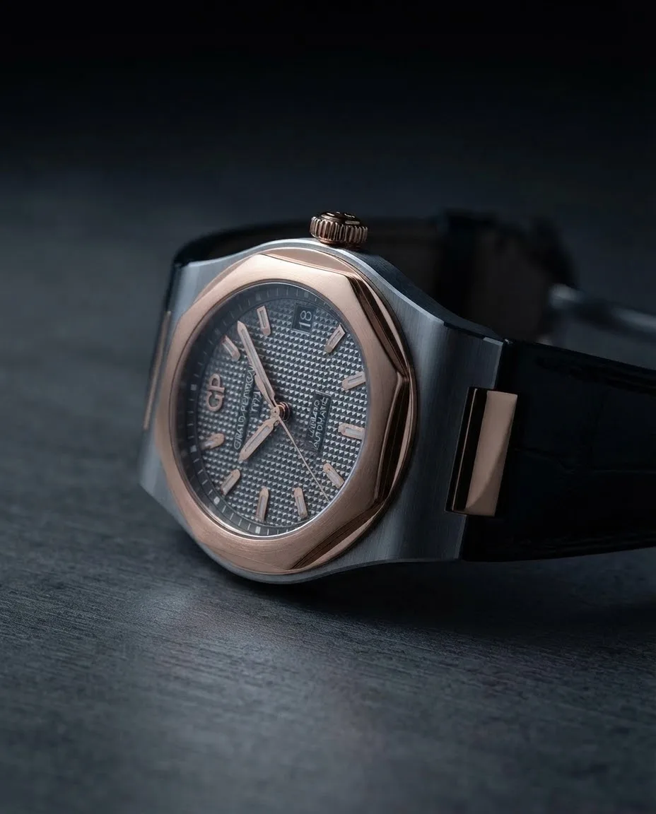 Illustrative render — reading the listing of the Girard-Perregaux Laureato 42 (titanium and pink gold, grey Clous de Paris dial, alligator strap)