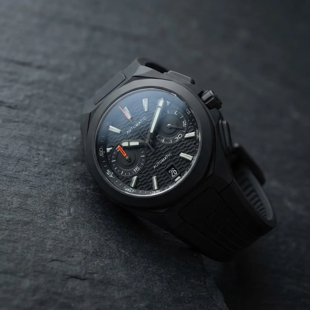 Illustrative render — reading the listing of the Girard-Perregaux Chrono Hawk 49970-32-631-FK6A (black ceramic, black honeycomb dial, rubber strap)