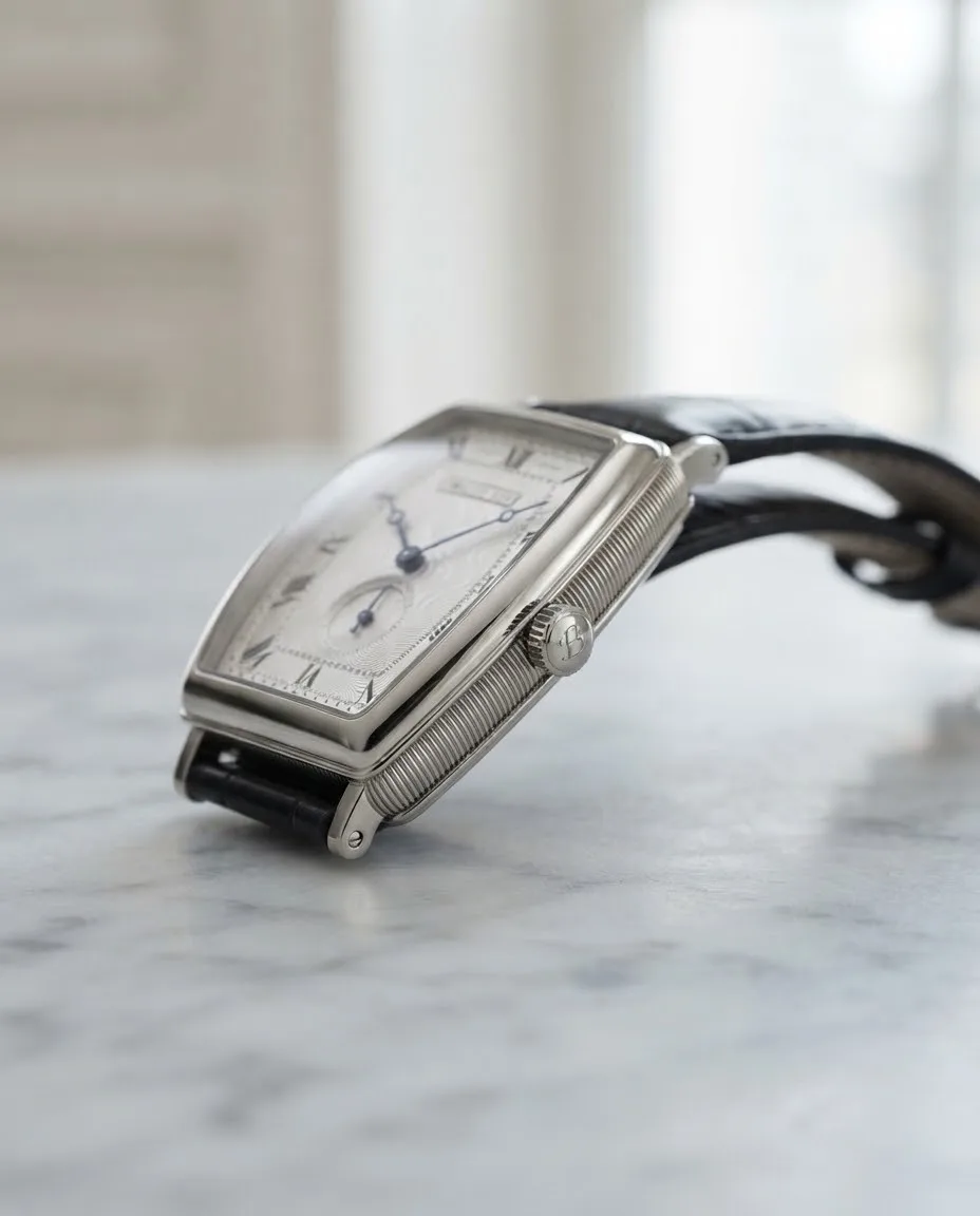 Illustrative render — reading the listing of the Breguet Heritage 3660BB (18k white gold, tonneau, silver engine-turned dial)