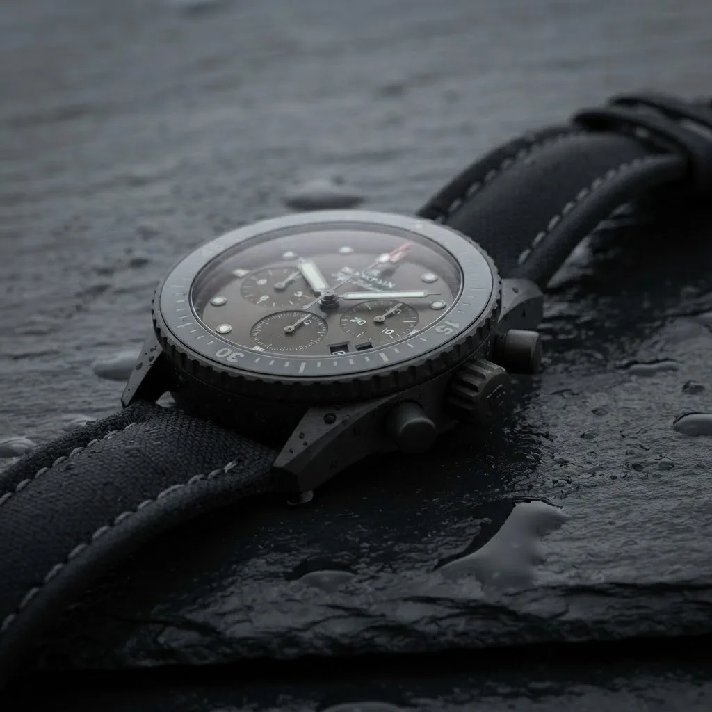 Illustrative render — reading the listing of the Blancpain Fifty Fathoms Bathyscaphe Chronographe Flyback 5200-0130-B52A (black ceramic, sail-canvas strap)