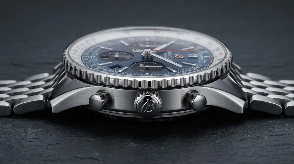 Illustrative render — reading the listing of the Breitling Navitimer B01 Chronograph 43 AB0121211C1A1 (steel, blue dial, steel bracelet)