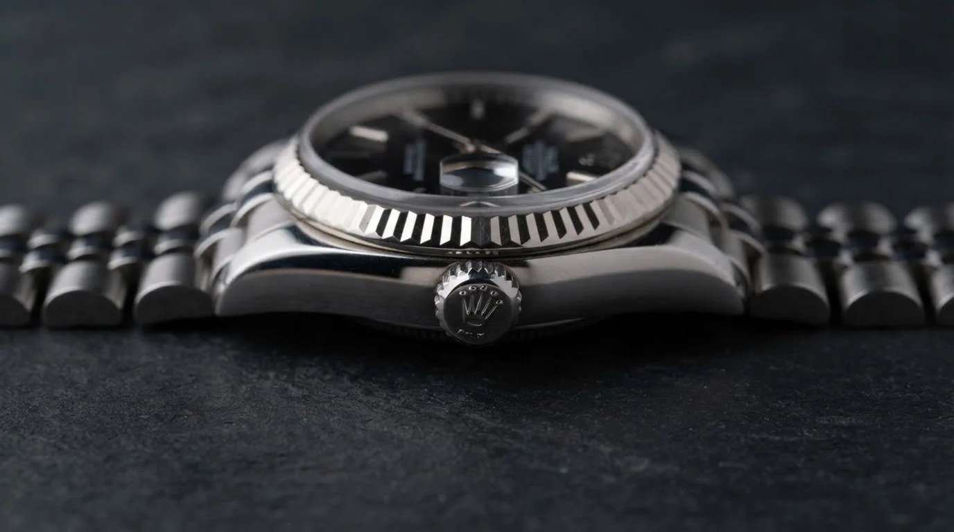 Illustrative render — reading the listing of the Rolex Lady-Datejust 26 ref. 79174 (steel, white gold fluted bezel, black dial, Jubilee bracelet, pre-owned)