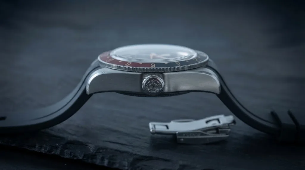 Illustrative render — reading the listing of the Tudor Black Bay 58 GMT 39mm M7939G1A0NRU-0002 (steel, black and burgundy 24-hour bezel, black gilt dial, rubber strap)