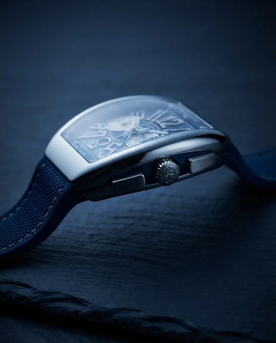 Illustrative render — reading the listing of the Franck Muller Vanguard Yachting V 45 CC DT AC.BL chronograph (polished steel, blue compass dial, blue rubber strap with textured top)