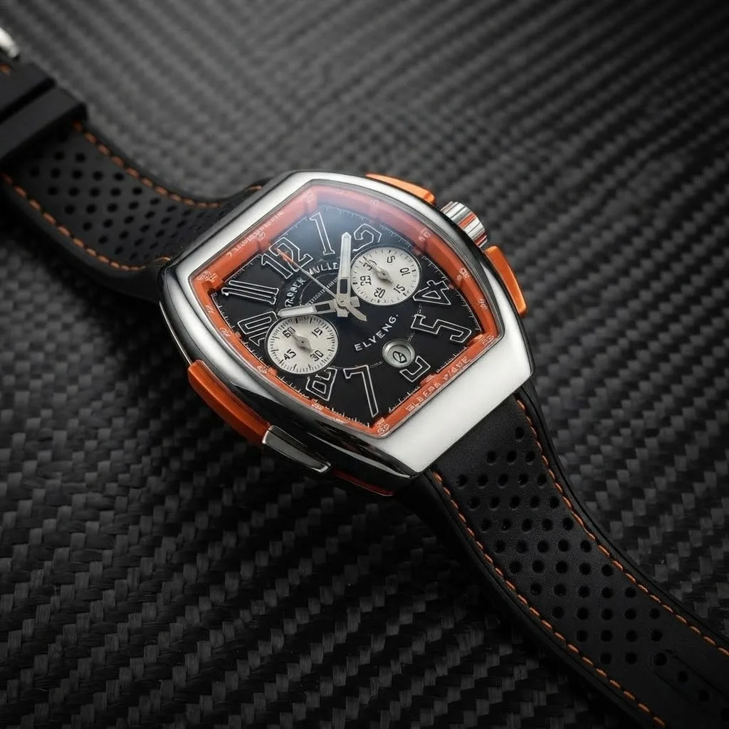 Illustrative render — reading the listing of the Franck Muller Vanguard Racing V 45 CC DT chronograph (steel, orange inner bezel, black dial, perforated strap)