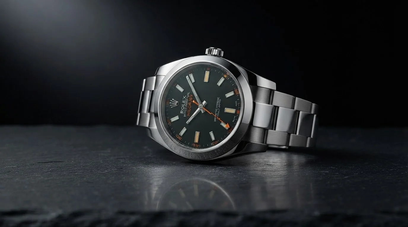Illustrative render — clear or green of the Rolex Milgauss 40