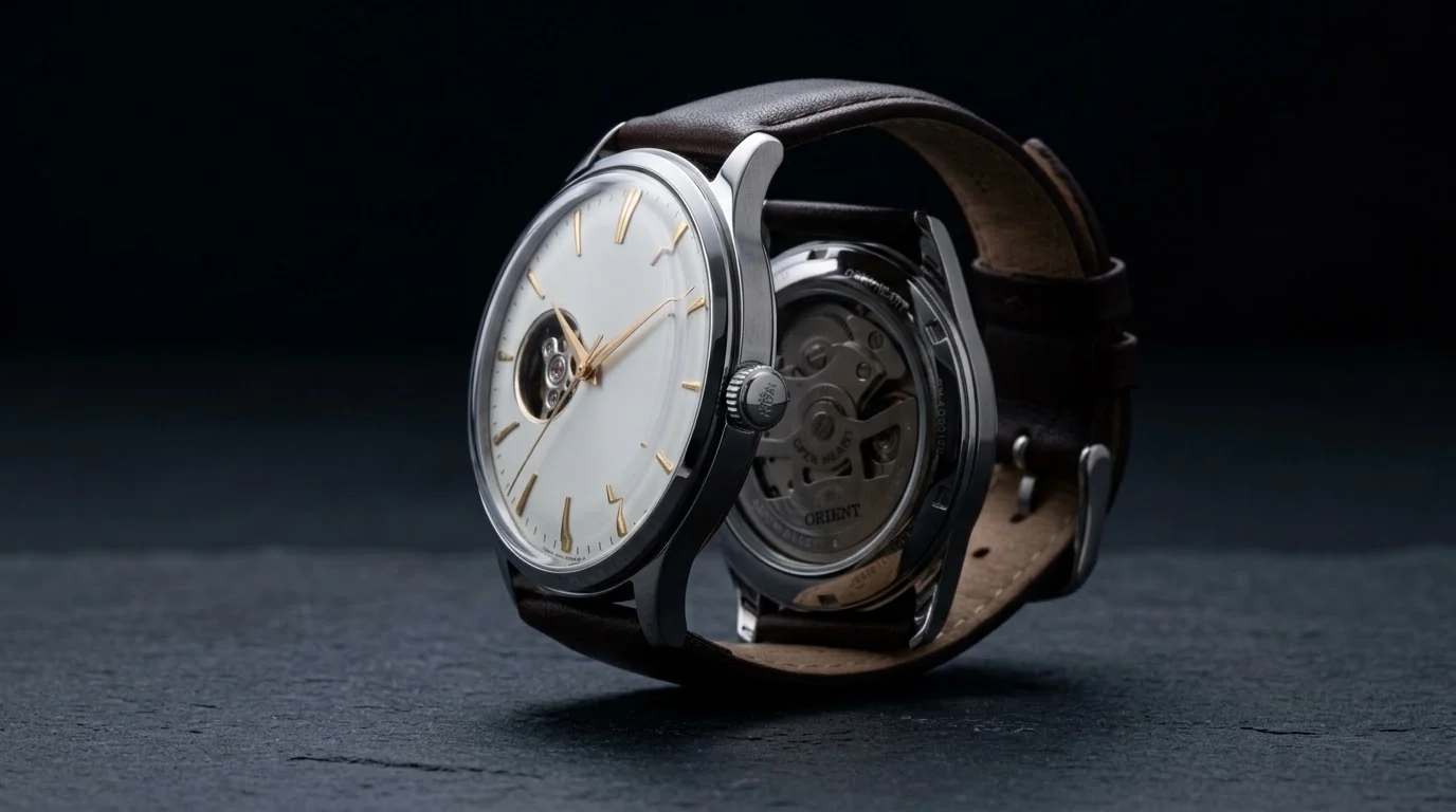 Illustrative render — front and back of the Orient Bambino Open Heart