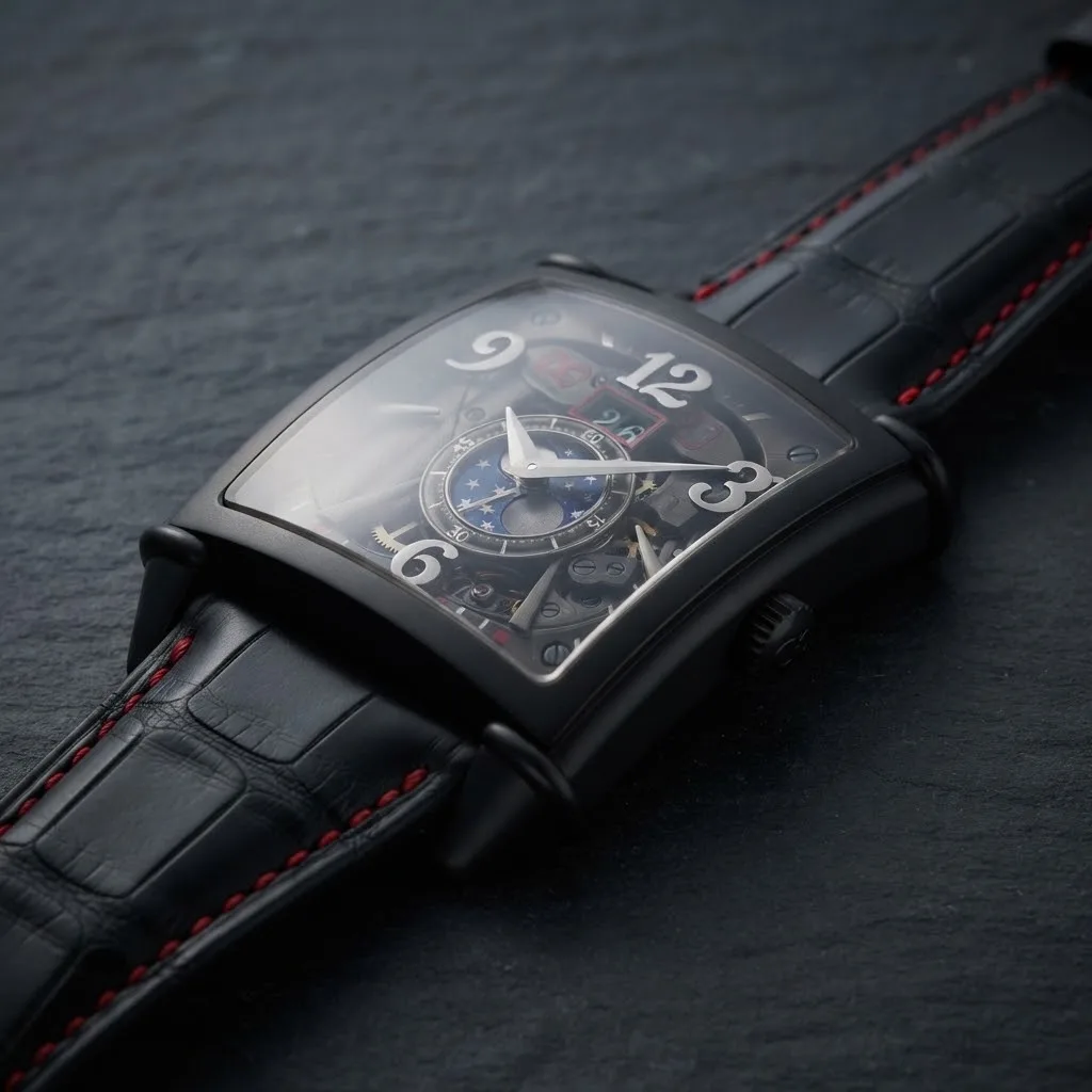 Illustrative render — reading the listing of the Girard-Perregaux Vintage 1945 XXL Large Date Moon Phases skeleton 25882-21-223-BF6A (black DLC steel, smoked openworked dial, alligator strap)