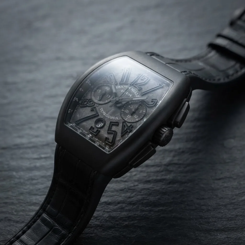 Illustrative render — reading the listing of the Franck Muller Vanguard V 45 CC DT chronograph (black titanium, grey dial, black alligator strap)