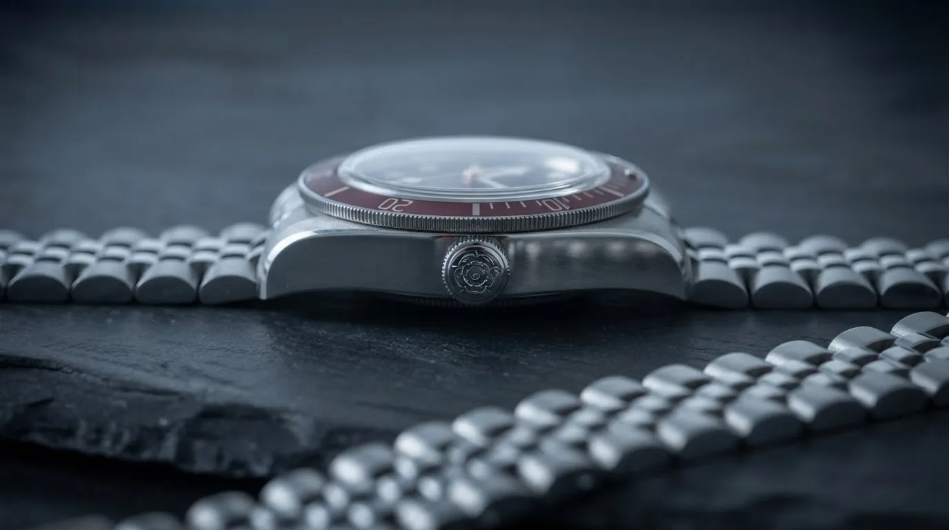 Illustrative render — reading the listing of the Tudor Black Bay 58 39mm M7939A1A0RU-0001 (steel, burgundy bezel and dial, 5-link steel bracelet, 2025 generation)