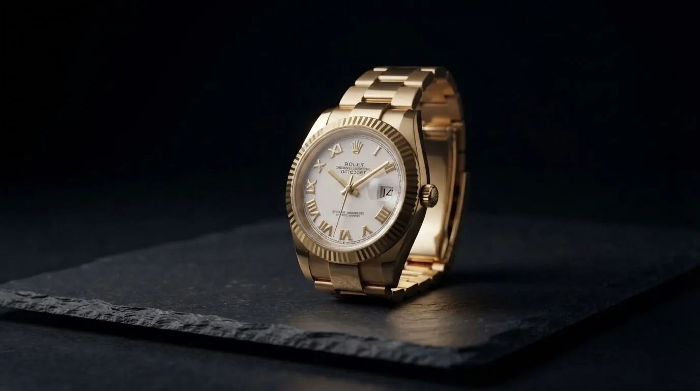 Illustrative render — jubilee or president of the Rolex Datejust 31 68278 (18k yellow gold, white Roman dial)