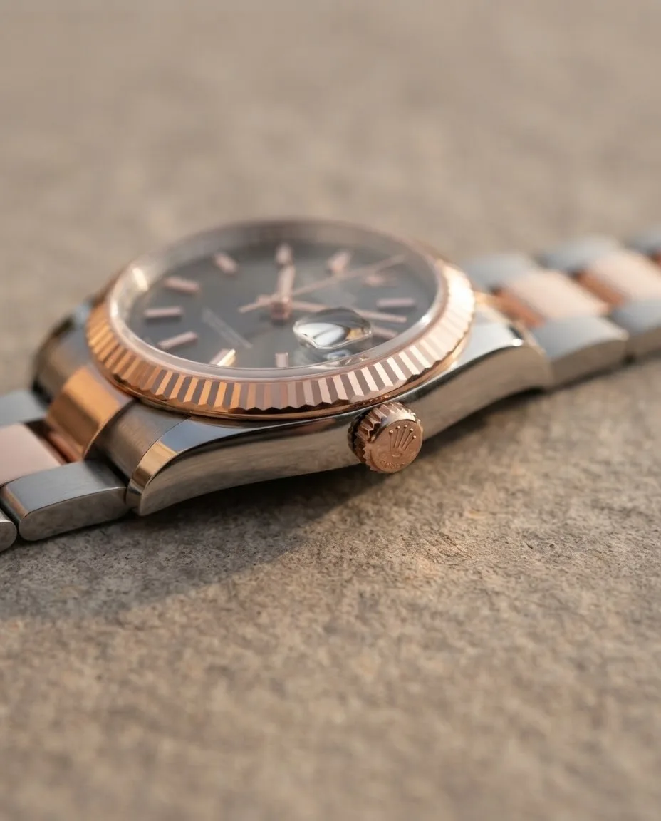 Illustrative render — reading the listing of the Rolex Datejust 36 126231 (steel and Everose gold, fluted bezel, dark dial, Oyster bracelet)